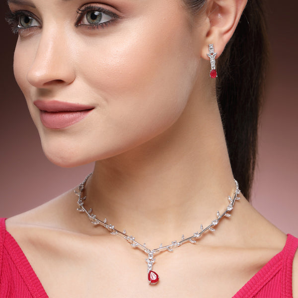 Premium Rhodium Plated Ruby Red American Diamond Floral Vine Teardrop Necklace Set – Lightweight Elegant Jewelry for Engagement & Evening Wear