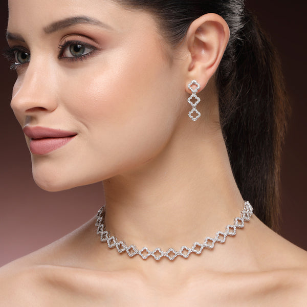 Elite Rhodium Plated American Diamond Linked Floral Necklace Set –Sophisticated Lightweight Jewelry for Parties & Celebrations