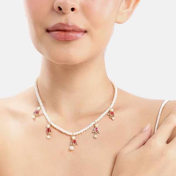 Pearl String Red Lotus Necklace