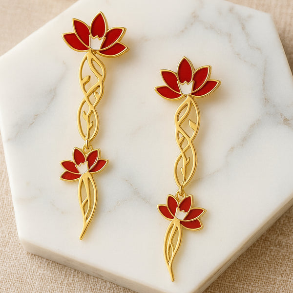 Twin Red Lotus Dangler Earrings