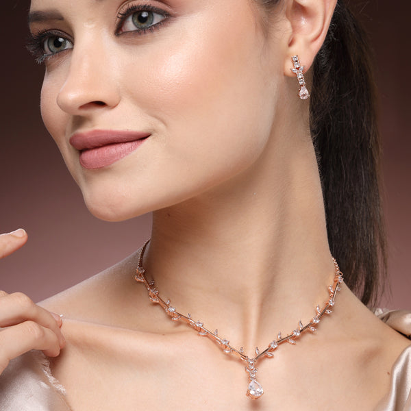 Timeless Elegance: Rose Gold & White American Diamond Leaf Motif Necklace Set – Chic Lightweight Jewelry for Reception Nights