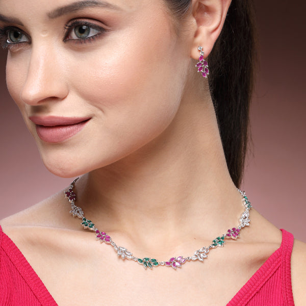 Opulent Rhodium Plated Multicolor American Diamond Floral Motif Necklace Set – Elegant Lightweight Jewelry for Cocktail Nights & Anniversary Celebrations