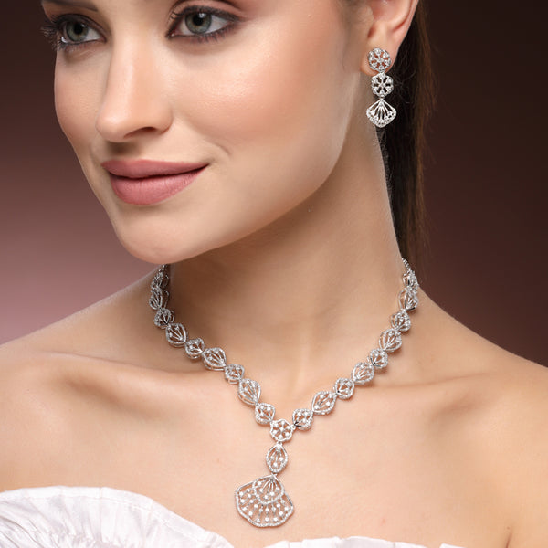 Refined Rhodium Plated American Diamond Pendant Necklace Set – Graceful Lightweight Jewelry for Wedding Receptions & Special Events