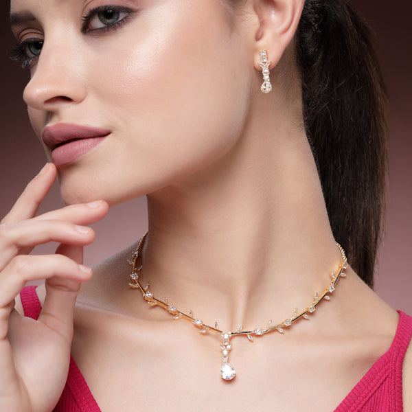 Refined Gold Plated American Diamond Floral Vine & Teardrop Necklace Set – Lightweight Contemporary Jewelry for Evening Wear
