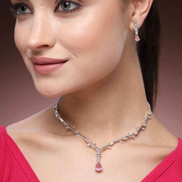 Refined Rhodium Plated Mint Pink American Diamond Teardrop Vine Leaf Motif Necklace Set– Lightweight Signature Jewelry for Bridesmaids & Fashion Occasions
