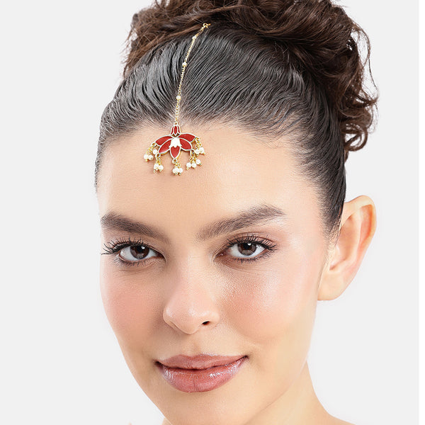 Red Lotus Pearl Maang Tikka