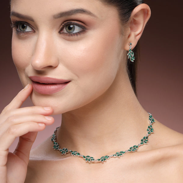 Exquisite Rhodium Plated Green American Diamond Floral Vine Necklace Set –– Signature Featherlight Jewelry for Cocktail Nights & Festive Functions
