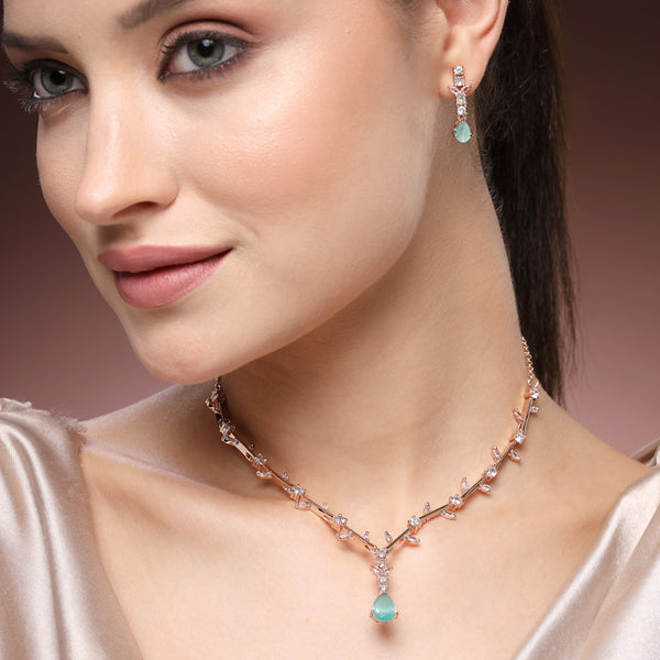 Lavish Rose Gold Finish Mint Green American Diamond Leaf Vine Teardrop Necklace Set – Majestic Featherlight Jewelry for Reception Wear
