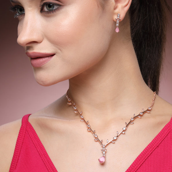 Lavish Rose Gold Plated Mint Pink American Diamond Teardrop Vine Necklace Set –Lightweight Sophisticated Jewelry for Special Celebrations