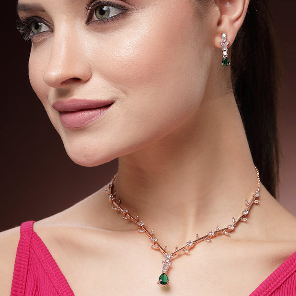 Supreme Rose Gold Plated Green American Diamond Leaf Vine Necklace Set –Timeless Lightweight Jewelry for Reception & Anniversary Wear