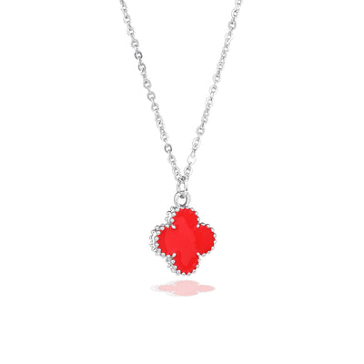 Estele Rhodium Plated Red Four Leafy Designer Pendant Necklace with Adjustable Chain for Women and Girls