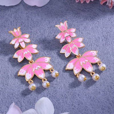 Estele Gold Plated Pink Enamelled Lotus Designer Ravishing Pearl Drop Earrings for Girl's & Women