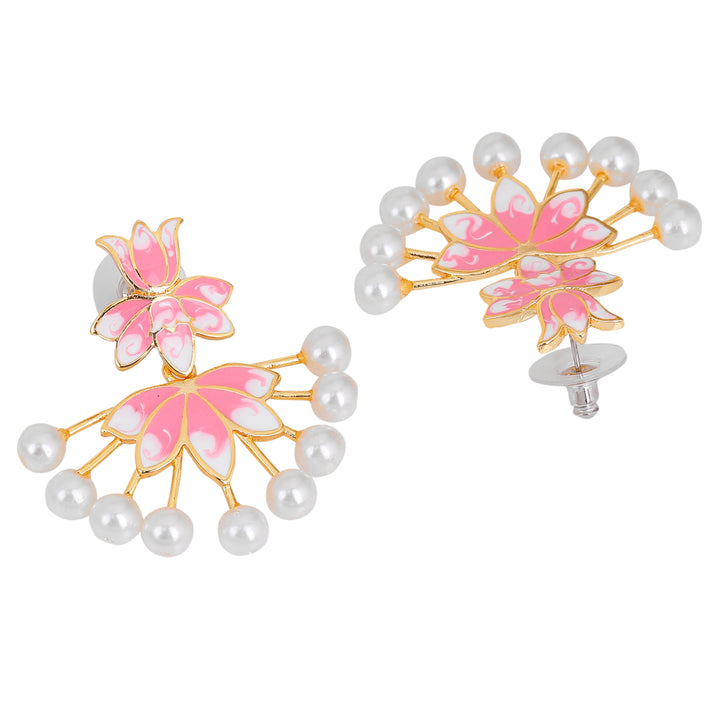 Estele Gold Plated Lotus Designer Pearl Drop Earrings with Pink Enamel for Girl's & Women