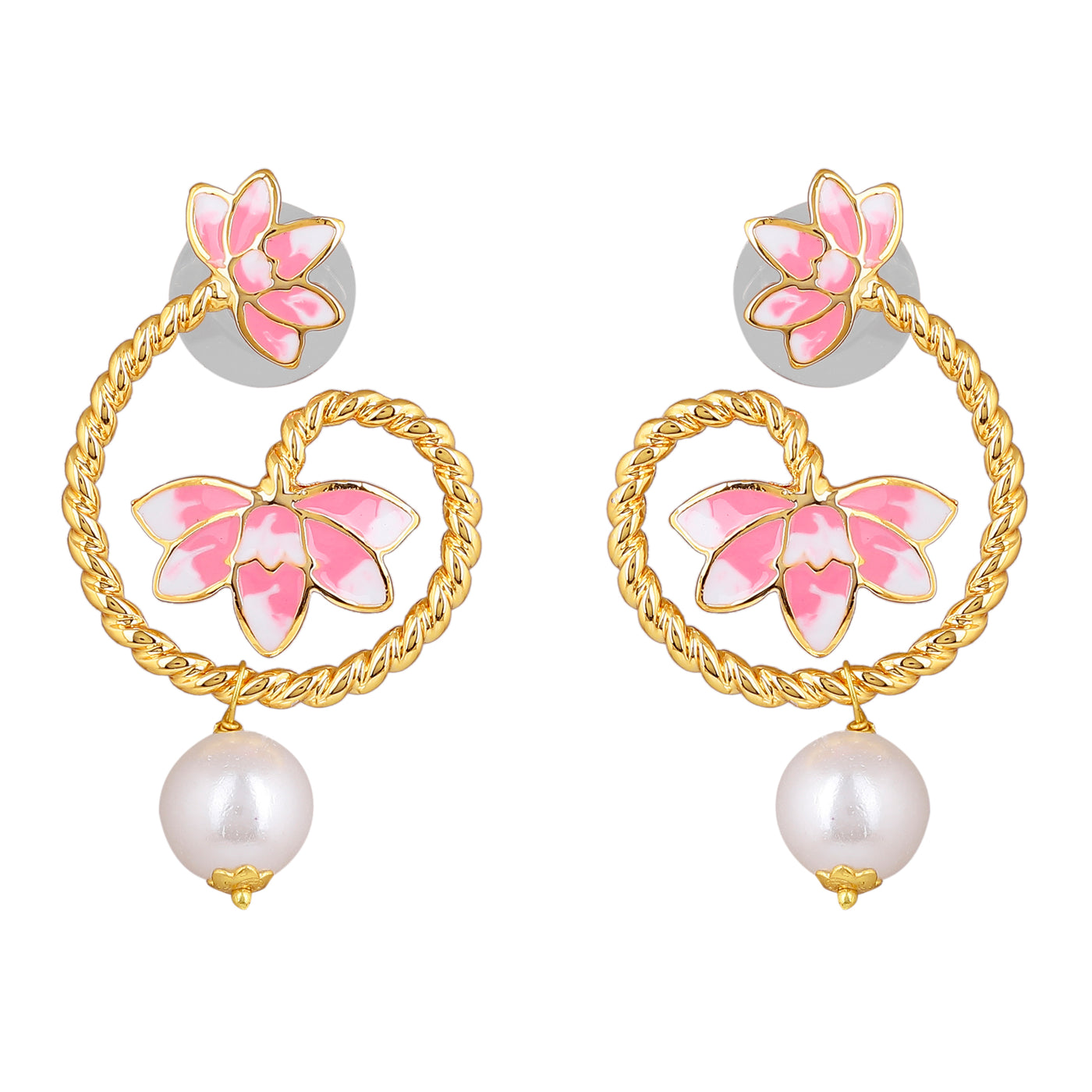 Estele Gold Plated Pink Enamelled Lotus Designer Pearl Drop Earrings for Girl's & Women