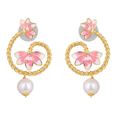 Estele Gold Plated Pink Enamelled Lotus Designer Pearl Drop Earrings for Girl's & Women