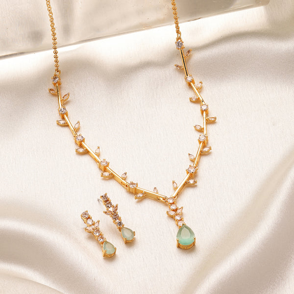 Graceful Bloom: Gold Plated Mint Green American Diamond Teardrop Necklace Set –Featherlight Designer Jewelry for Party & Festive Wear
