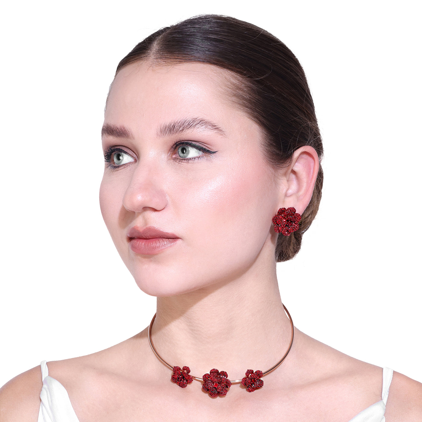 Estele Valentine Special Dazzling Lightweight Ruby Red American Diamond Rose Motif Necklace Set with Premium Rosegold Finish Ideal for Parties & Gifting