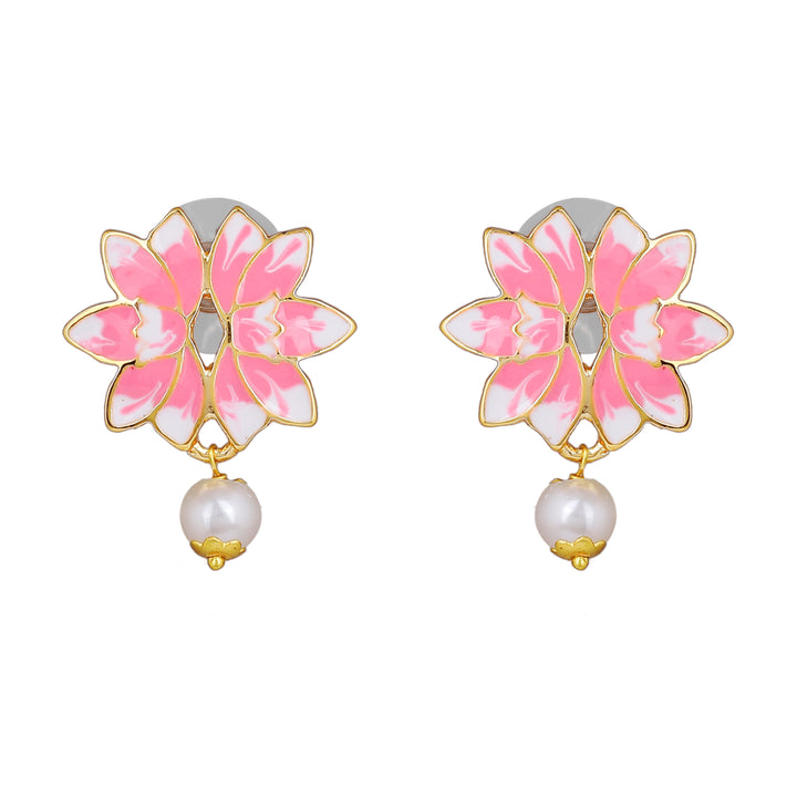 Estele Gold Plated Latest Lotus Designer Pearl Choker Necklace Set with Pink Enamel for Girl's & Women