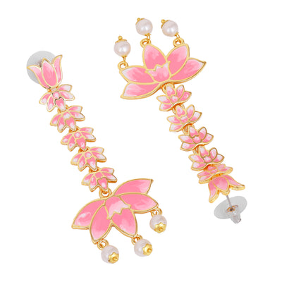 Estele Gold Plated Pink Enamelled Lotus Designer Pearl Drop & Dangler Earrings for Girl's & Women