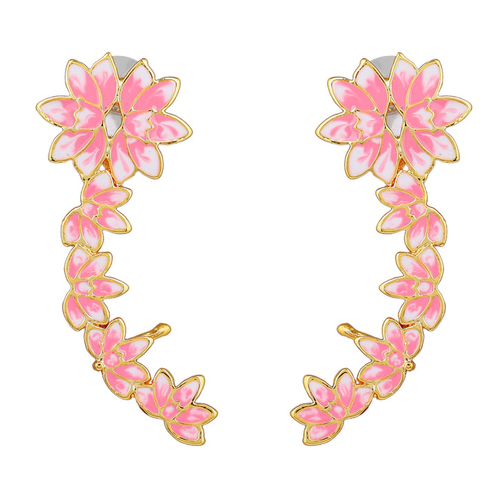 Estele Gold Plated Pink Enamelled Lotus Designer Stylish Cuff Earrings for Girl's & Women