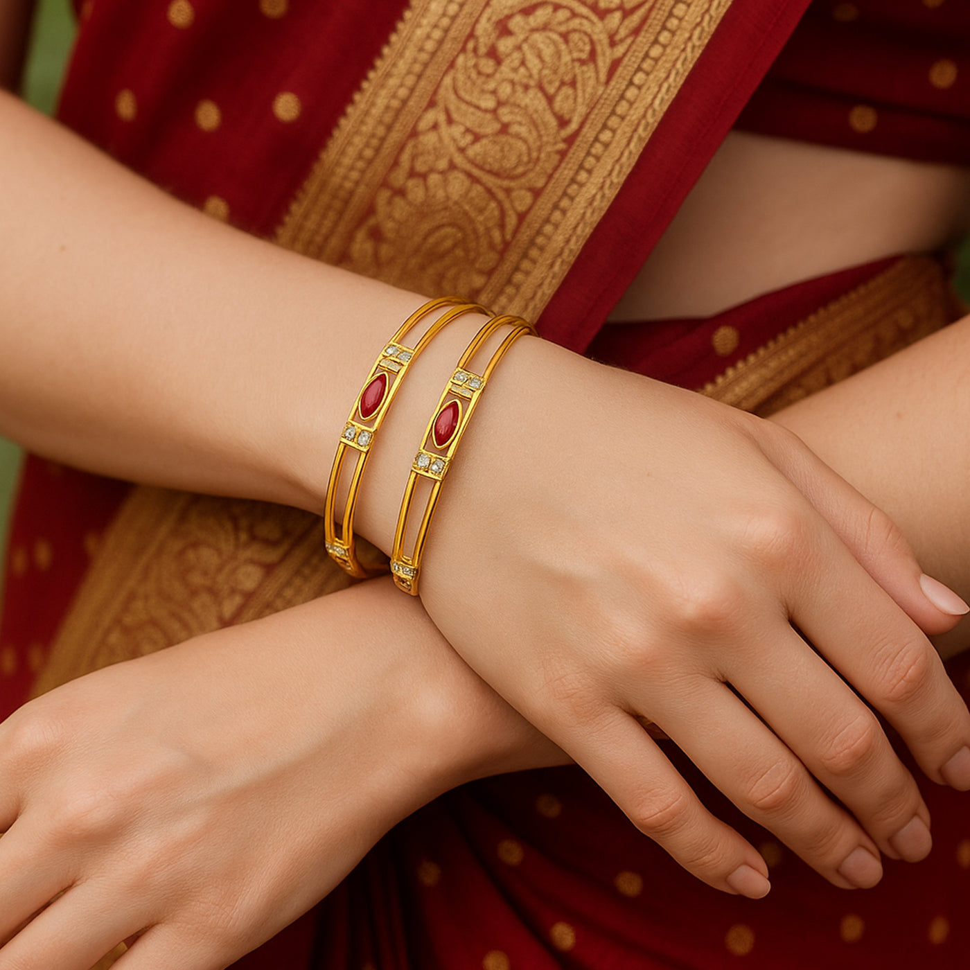 Estele Women’s Gold Plated Bangle – Size 2.6 – Elegant CZ Ruby Stone – Lightweight Ethnic Jewelry – OSBR-VK11412RDWE-26 BANGLE