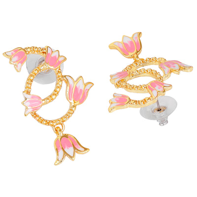 Estele Gold Plated Pink Enamelled Fleur Lotus Designer Drop Earrings for Girl's & Women