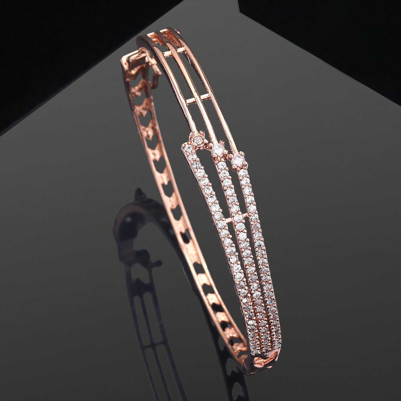 Estele Opulent Glow: Radiant American Diamond Bracelet with Glossy Rosegold Plated for Women– Lightweight & Designed for Effortless Luxury