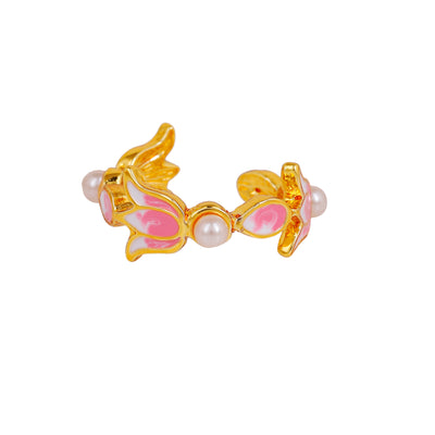 Estele Gold Plated Pink Enamelled Lotus Designer Adjustable Finger Ring with Pearls for Girl's & Women