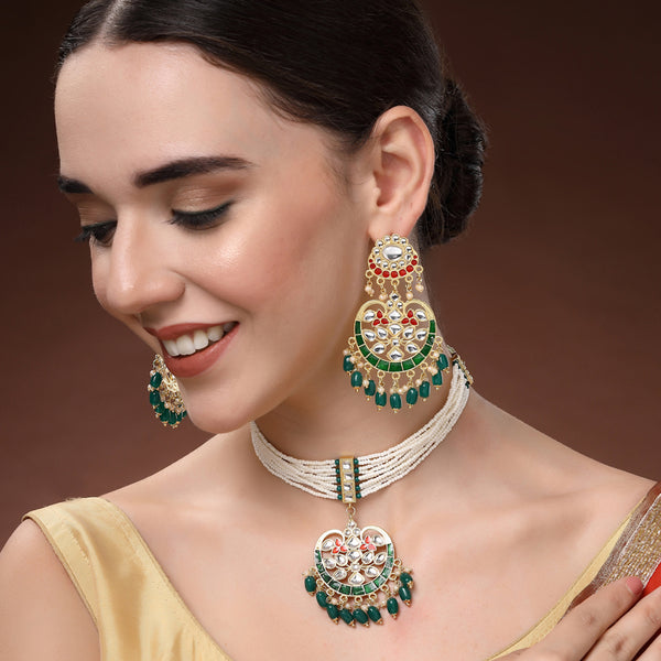 Traditional Gold-Plated Kundan Choker Set|Pearl Layered Necklace Set with Green Beads for Women – OSSP-1275-IGGN NKER