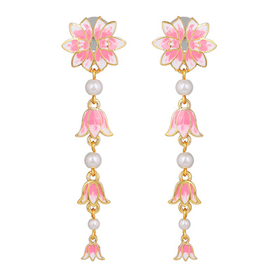 Estele Gold Plated Pink Enamelled Lotus Designer Pearl Beaded Earrings for Girl's & Women