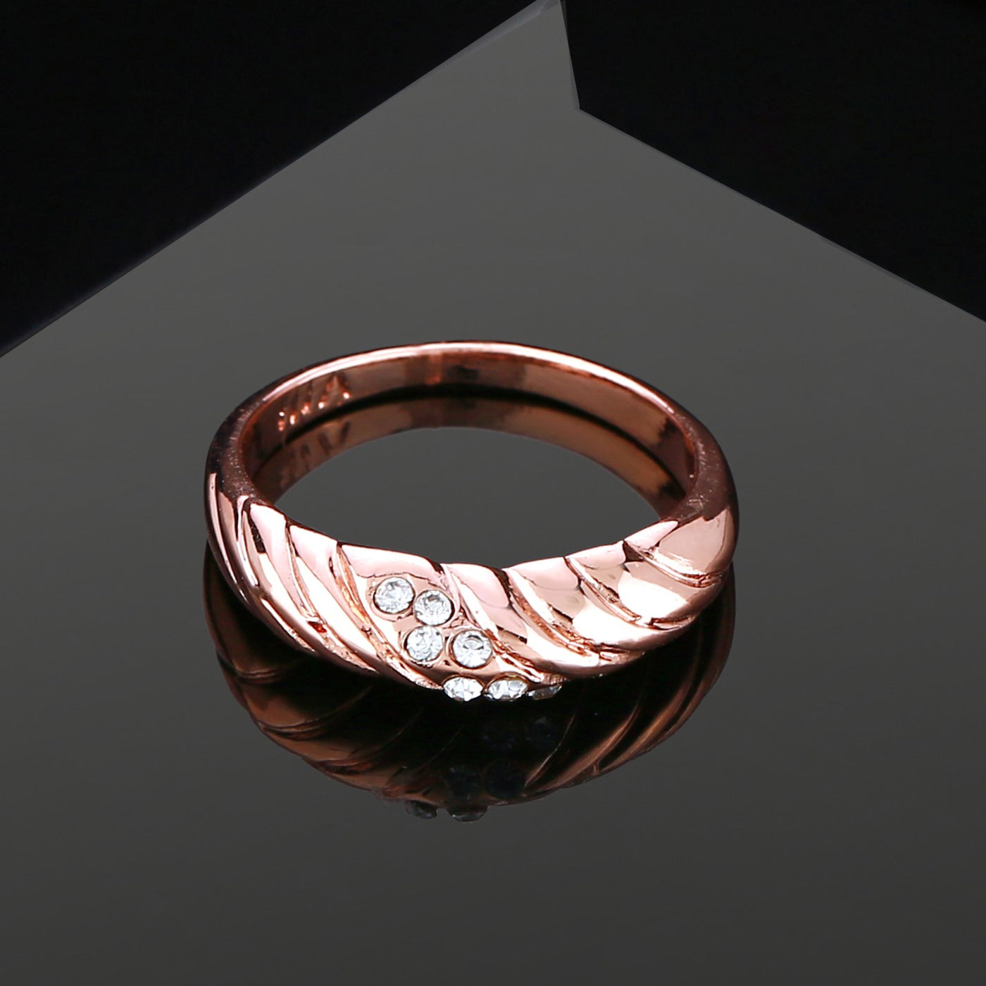 Estele Rose Gold Plated Twisted Textured Finger Ring with Austrian Crystals for Women