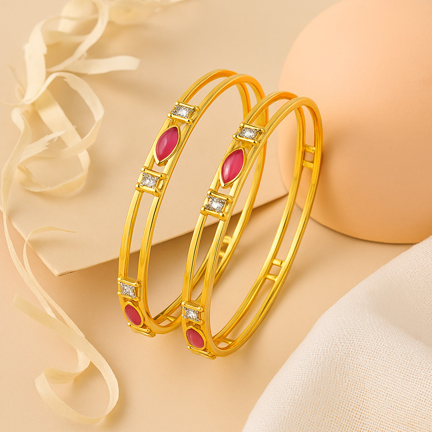 Estele Women’s Gold Plated Bangle – Size 2.6 – Elegant CZ Ruby Stone – Lightweight Ethnic Jewelry – OSBR-VK11412RDWE-26 BANGLE