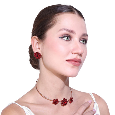 Estele Valentine Special Dazzling Lightweight Ruby Red American Diamond Rose Motif Necklace Set with Premium Rosegold Finish Ideal for Parties & Gifting