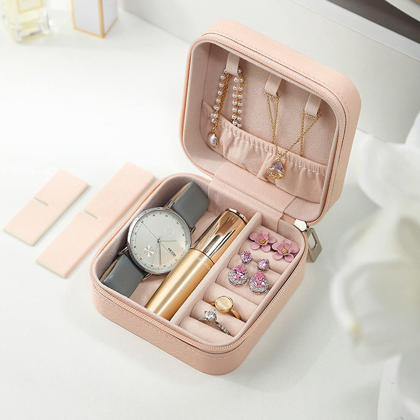 🎁 Estele Jewellery Organiser/Box Leather Zipper Lock Portable Mini Jewellery Storage Box Case with Dividers Container for Ring, Earrings, Necklace Jewelry Organizer for Women Travel-JOB-001-PINK JO-BOX (100% off)