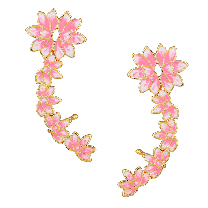Estele Gold Plated Pink Enamelled Lotus Designer Stylish Cuff Earrings for Girl's & Women