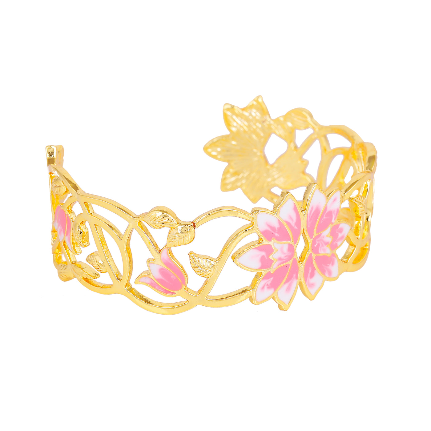 Estele Gold Plated Pink Enamelled Lotus Designer Fascinating Cuff Bracelet for Girl's & Women