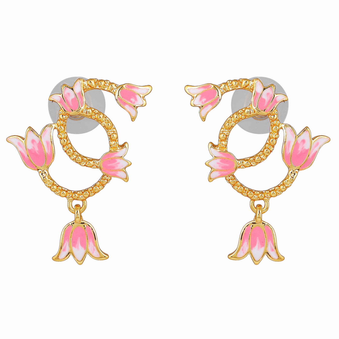 Estele Gold Plated Pink Enamelled Fleur Lotus Designer Drop Earrings for Girl's & Women