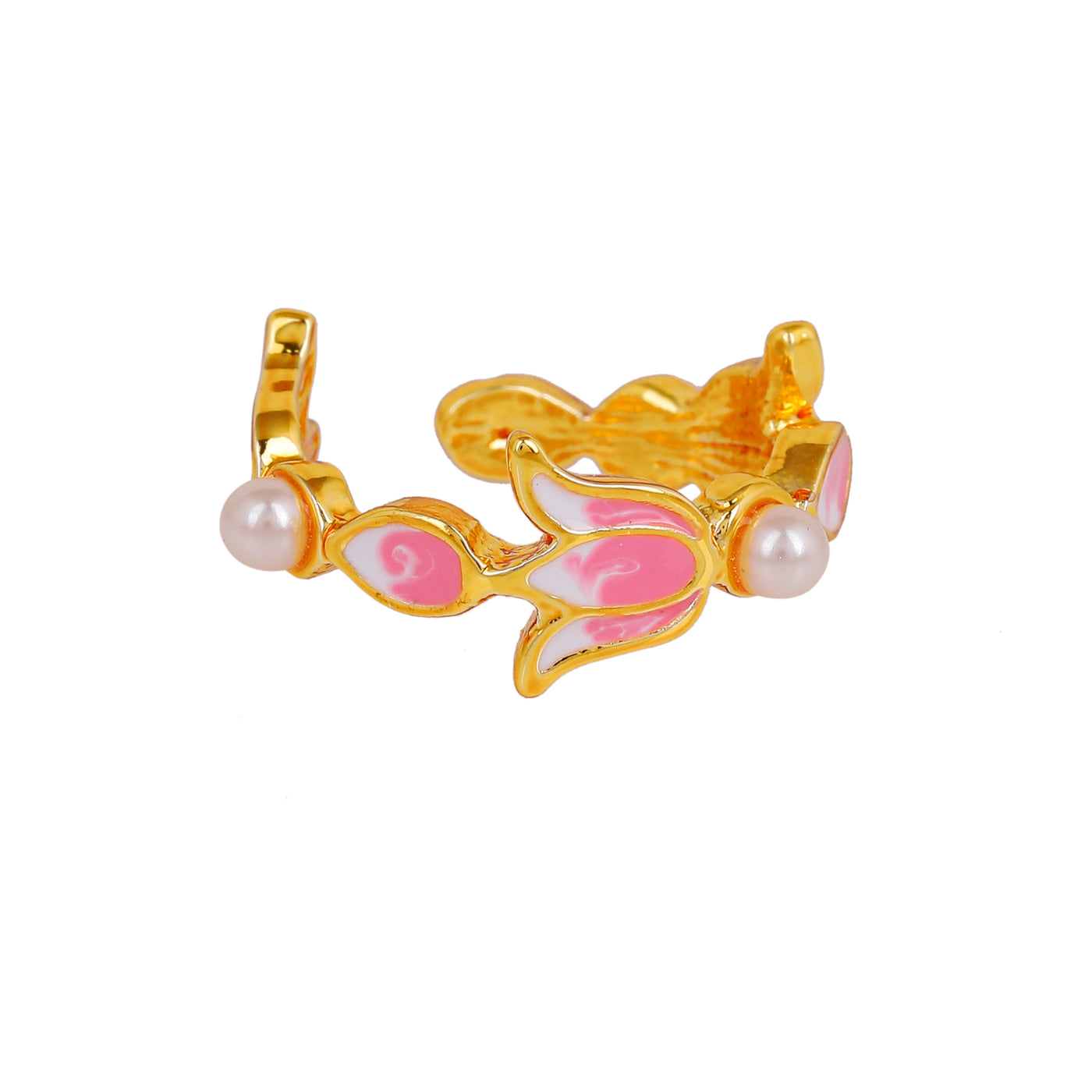 Estele Gold Plated Pink Enamelled Lotus Designer Adjustable Finger Ring with Pearls for Girl's & Women