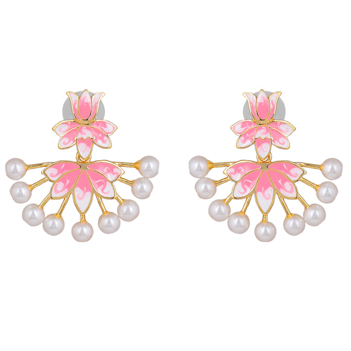Estele Gold Plated Lotus Designer Pearl Drop Earrings with Pink Enamel for Girl's & Women