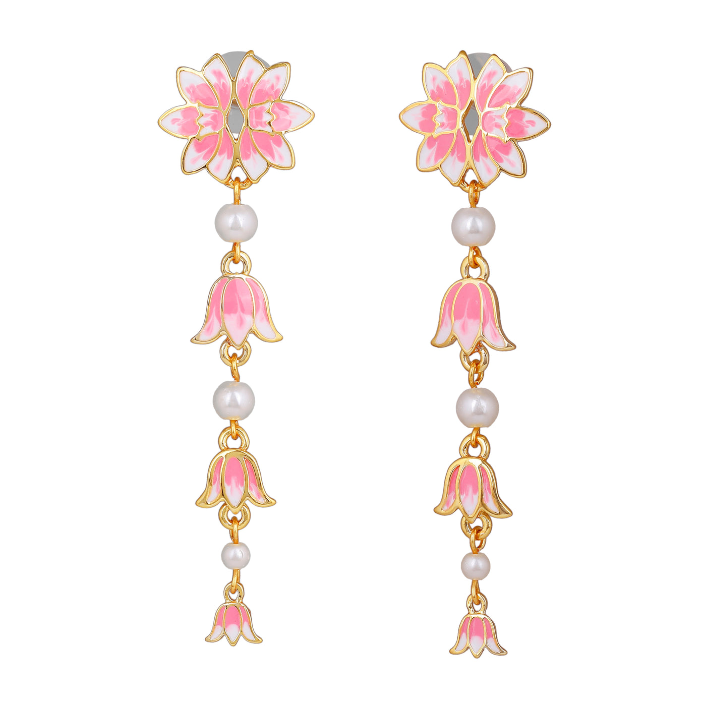 Estele Gold Plated Pink Enamelled Lotus Designer Pearl Beaded Earrings for Girl's & Women