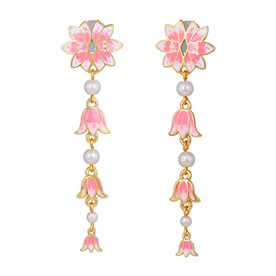 Estele Gold Plated Pink Enamelled Lotus Designer Pearl Beaded Earrings for Girl's & Women