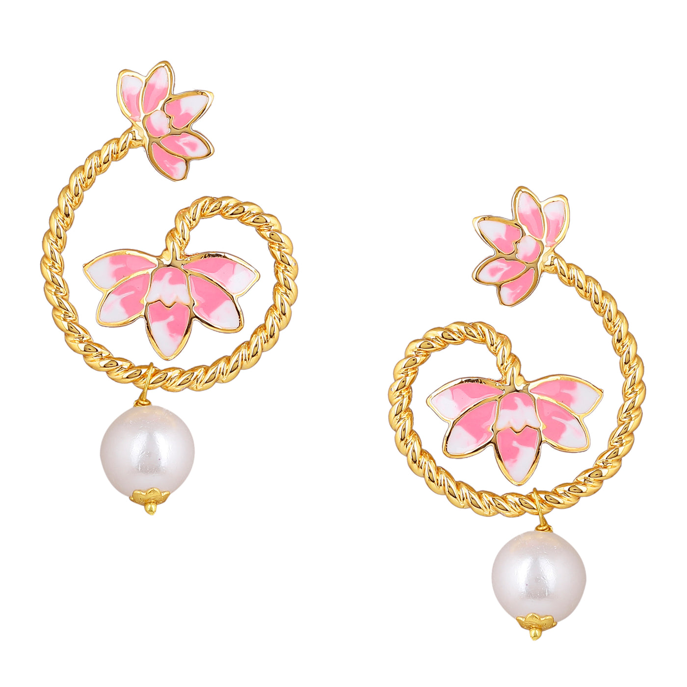 Estele Gold Plated Pink Enamelled Lotus Designer Pearl Drop Earrings for Girl's & Women