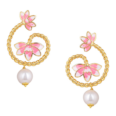 Estele Gold Plated Pink Enamelled Lotus Designer Pearl Drop Earrings for Girl's & Women