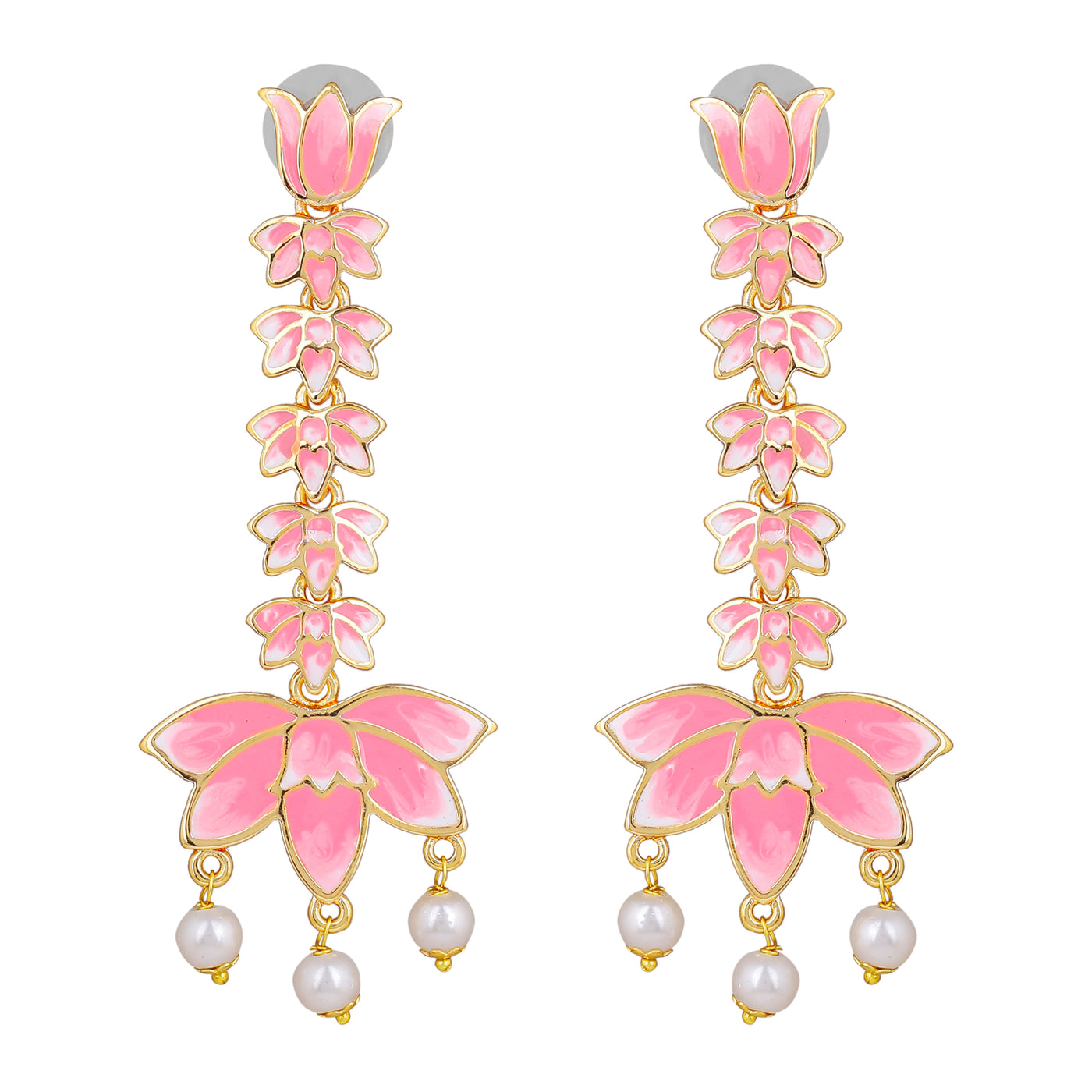 Estele Gold Plated Pink Enamelled Lotus Designer Pearl Drop & Dangler Earrings for Girl's & Women