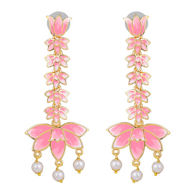 Estele Gold Plated Pink Enamelled Lotus Designer Pearl Drop & Dangler Earrings for Girl's & Women