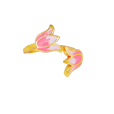 Estele Gold Plated Pink Enamelled Lotus Designer Stylish Adjustable Finger Ring for Girl's & Women