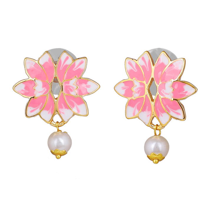 Estele Gold Plated Latest Lotus Designer Pearl Choker Necklace Set with Pink Enamel for Girl's & Women