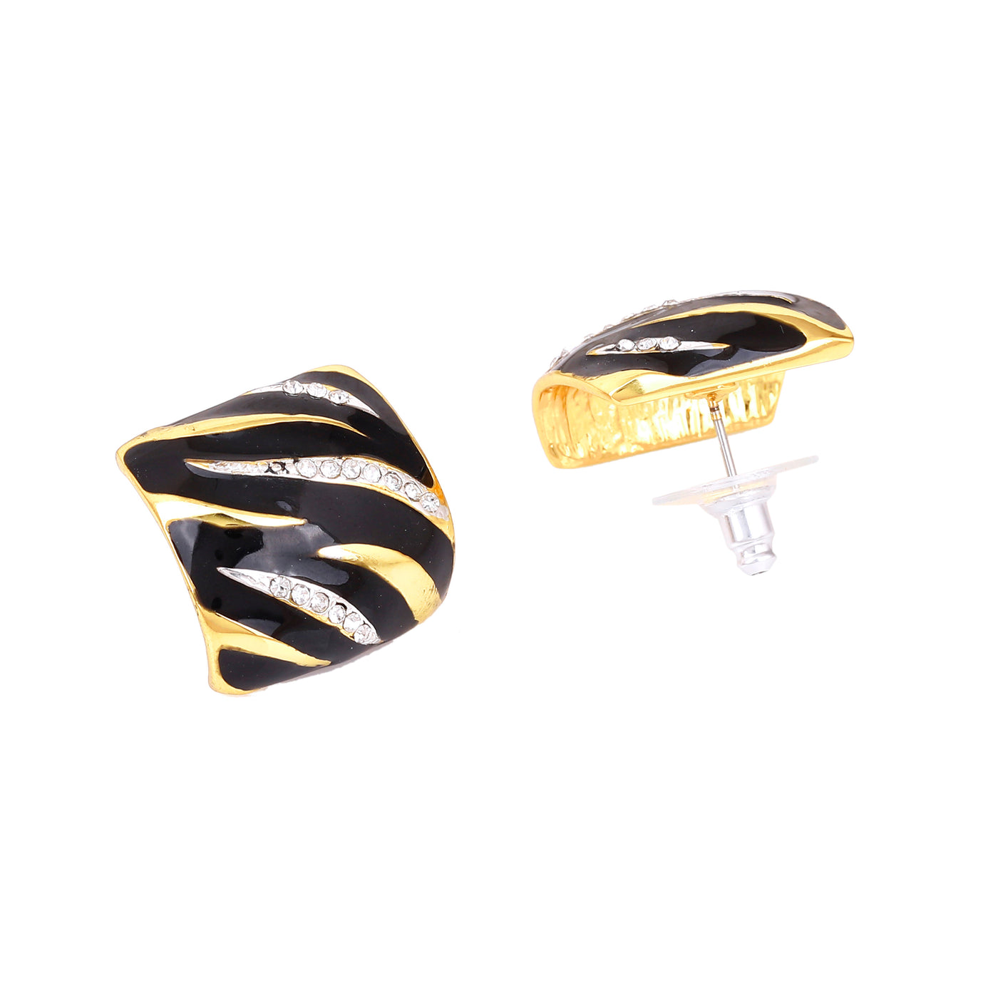 Estele Gold Plated Square modal Stud Earrings with Black Enamel for Women