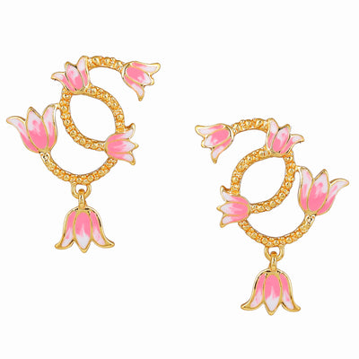 Estele Gold Plated Pink Enamelled Fleur Lotus Designer Drop Earrings for Girl's & Women