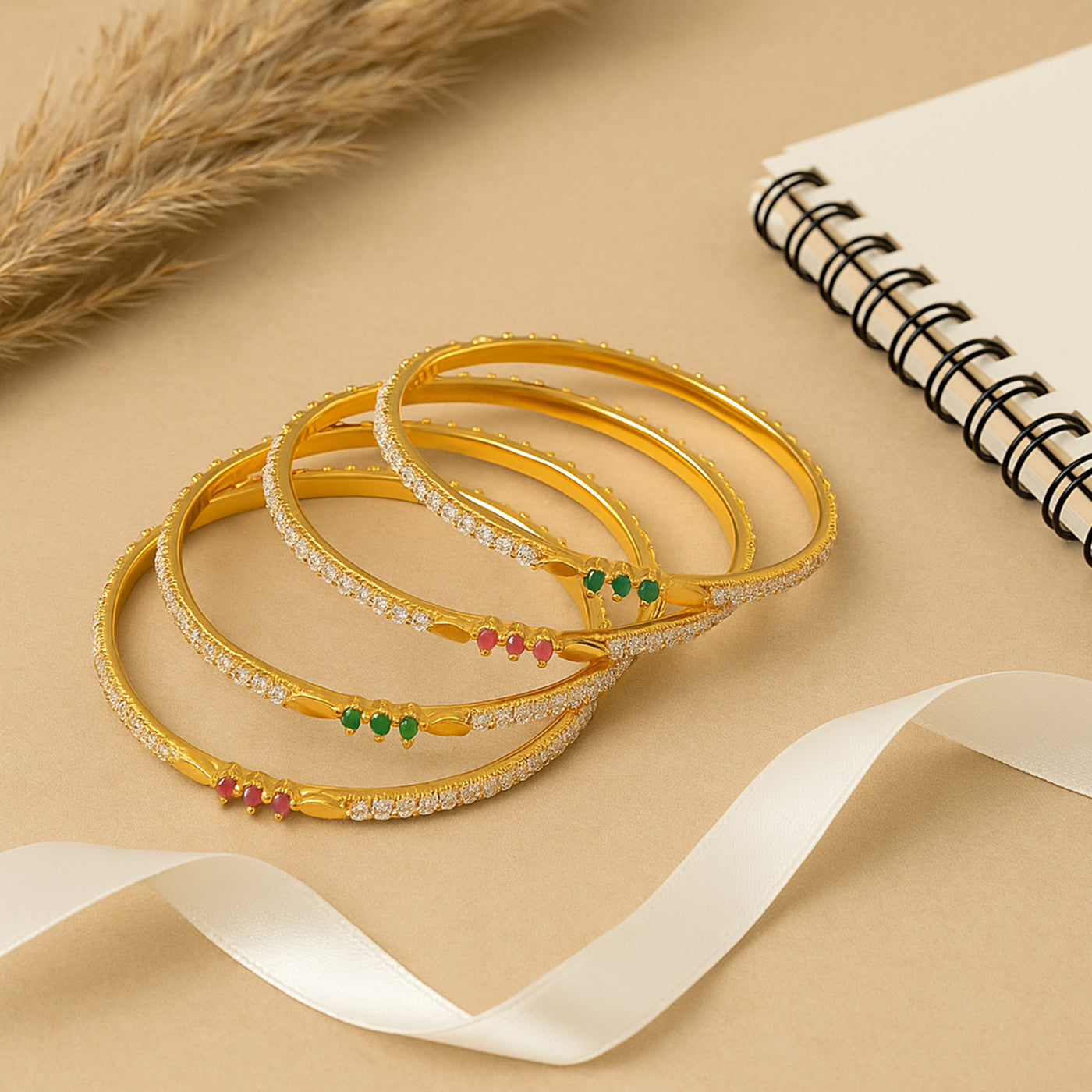 Estele Gold Polish CZ Bangles for Women – Size 2.6 – Set of 4 with Ruby & Green Stones – Ideal for Traditional Wear & Gifting – OSBR-VK11090-26 BANGLE
